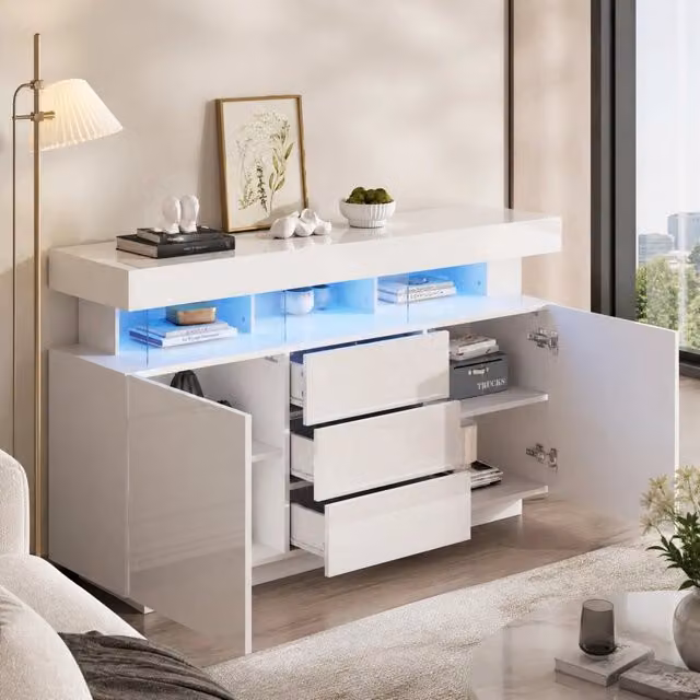 Sideboard bianco lucido 140x35x80 cm con 3 cassetti; 2 ante e LED