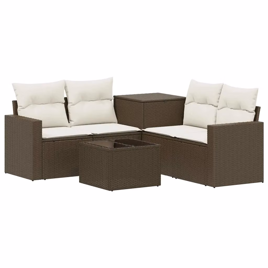 Set di mobili da giardino vidaXL in polyrattan marrone e bianco con divano a 2 posti, elemento angolare, tavolino da caffè e cuscini inclusi – 2
