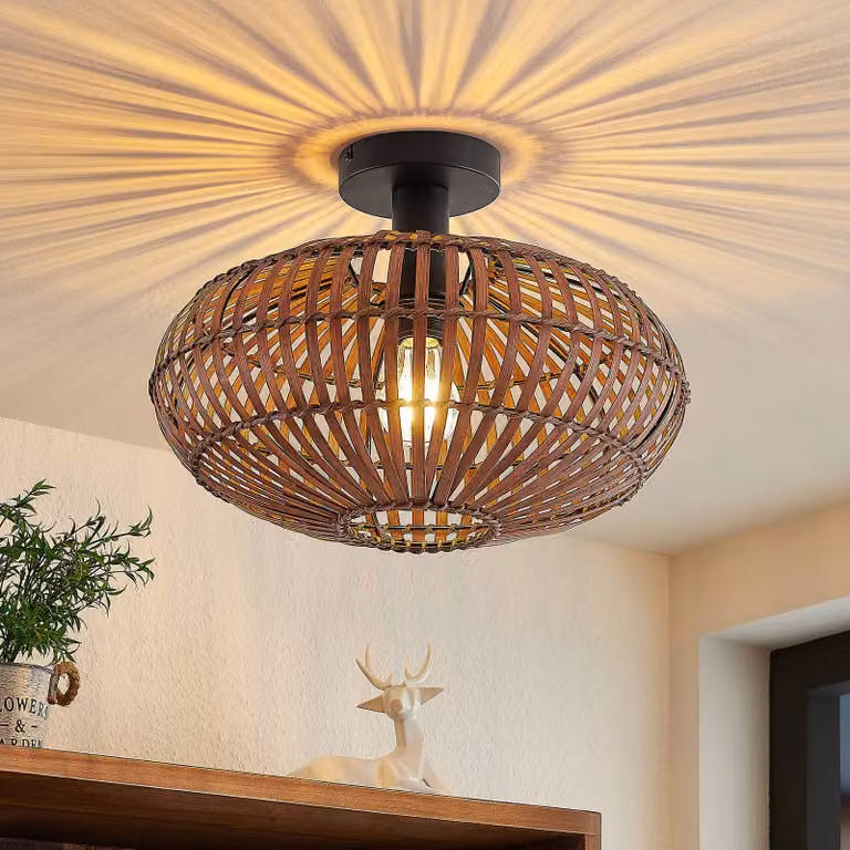 Plafoniera soffitto Majeora Lindby, dimmerabile, Legno scuro, Soggiorno / Sala da pranzo, bambù, Scandinavo, Plafoniera