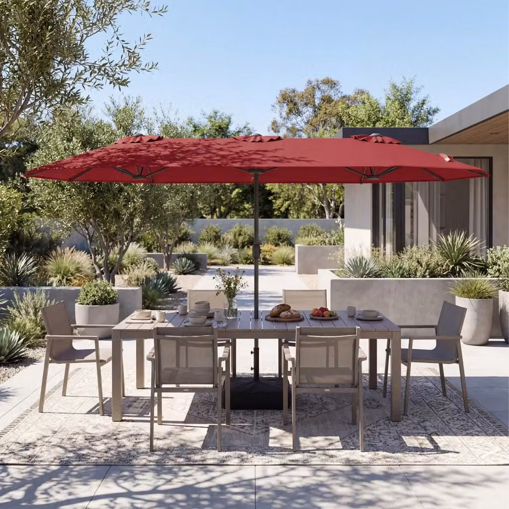 Ombrellone da esterno rettangolare doppio con manovella scorrevole e 12 stecche resistenti, colore rosso, L: 400 cm, L: 243 cm, H: 212 cm – 2