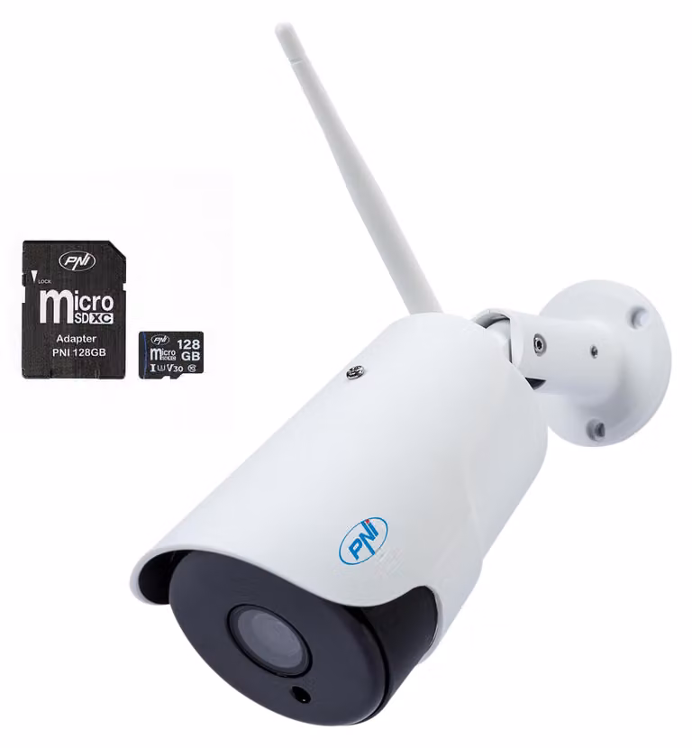 Kit di telecamere IP wireless per videosorveglianza PNI House, modello IP52, risoluzione 2MP, 1080P, con scheda di memoria da 128 GB