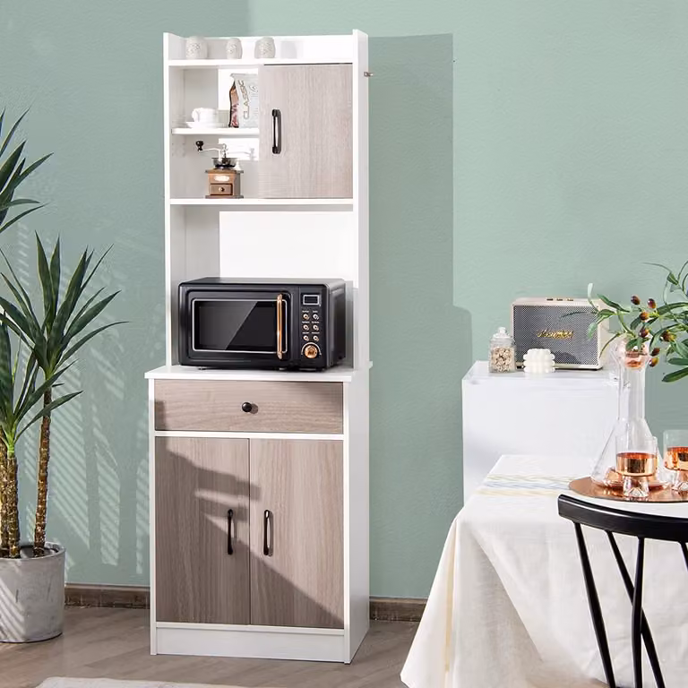 COSTWAY Armadio da cucina in legno da 180 cm con cassetto, ripiani regolabili e foro per cavi, ampio spazio aperto per microonde, a libera installazione, 60 x 40 x 180 cm Bianco