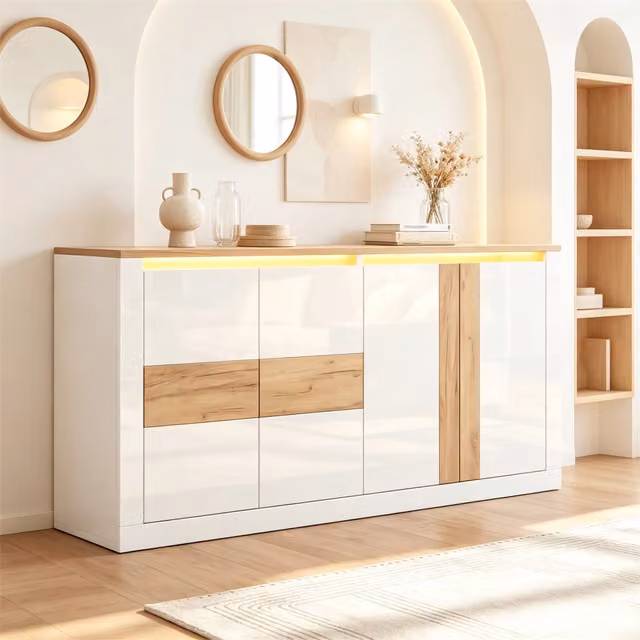 Credenza con 4 ante e LED RGB ¨C Minimal ¨C Bianco lucido effetto quercia MDF 140x35x70 cm per soggiorno