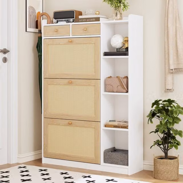 Scarpiera Mivray in stile scandinavo con vani a ribalta, cassetti e ripiani aperti, bianca e beige, L: 90 cm, P: 24 cm, H: 130 cm