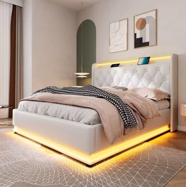 Letto matrimoniale 140x200 cm con contenitore idraulico, LED 360Â° e rivestimento in PU bianco