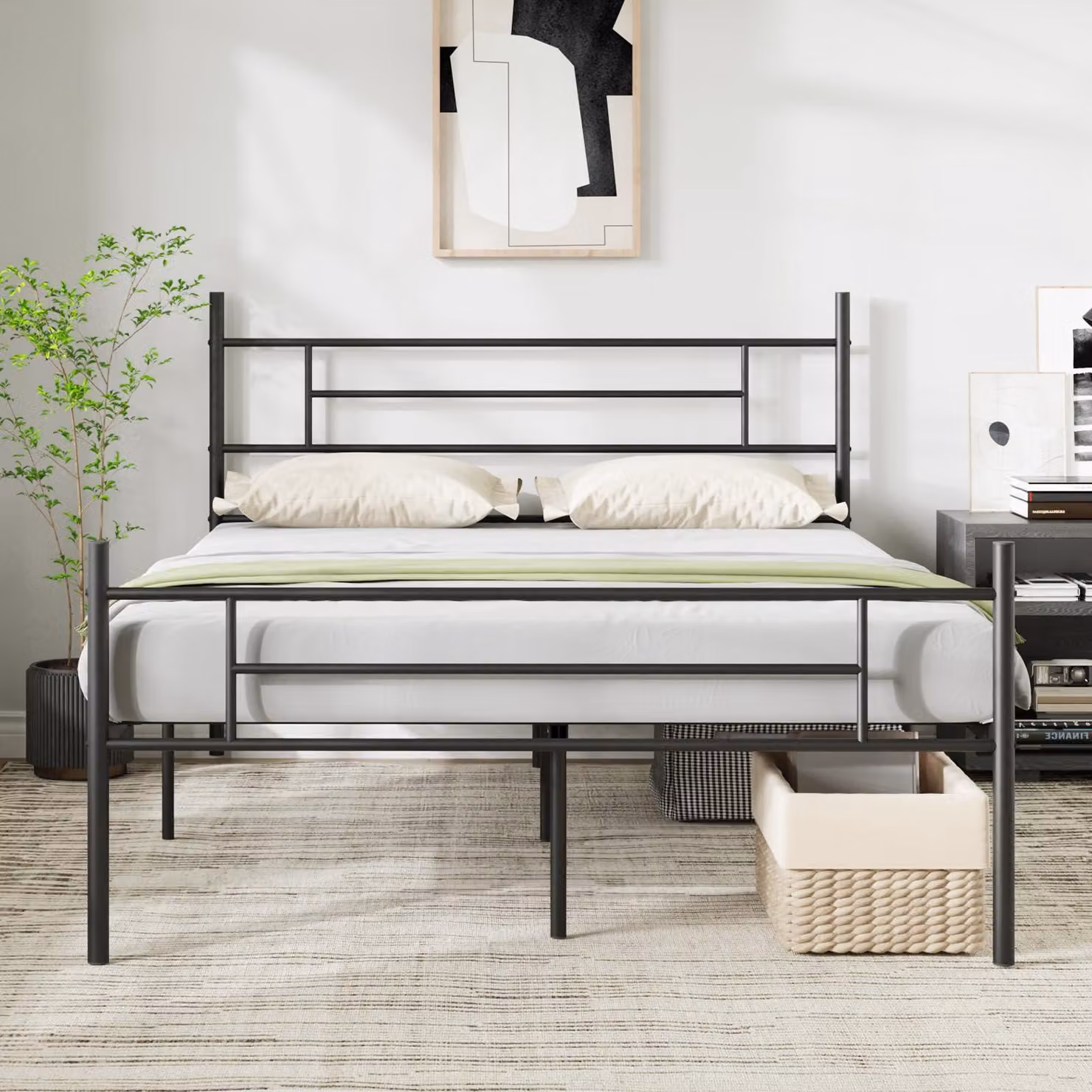 Struttura per letto matrimoniale in metallo, dimensioni 160x190 cm, altezza 30,5 cm, colore nero, con spazio contenitivo
