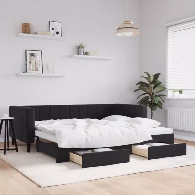 Divano Letto Estraibile con Cassetti Nero 90x200 cm in Velluto 3196743
