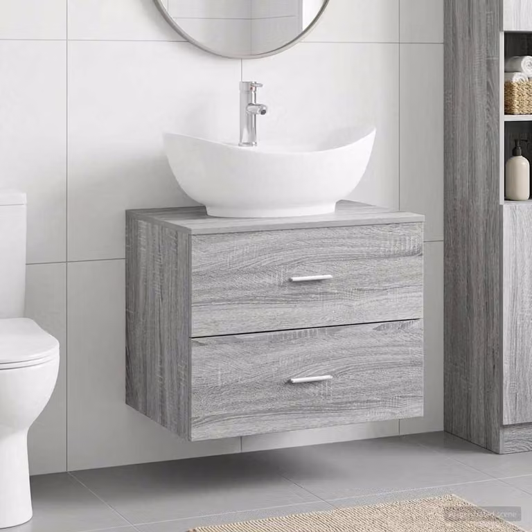 Set di mobili per il bagno moderno vidaXL in legno ingegnerizzato grigio con cassetti e ante sospesi