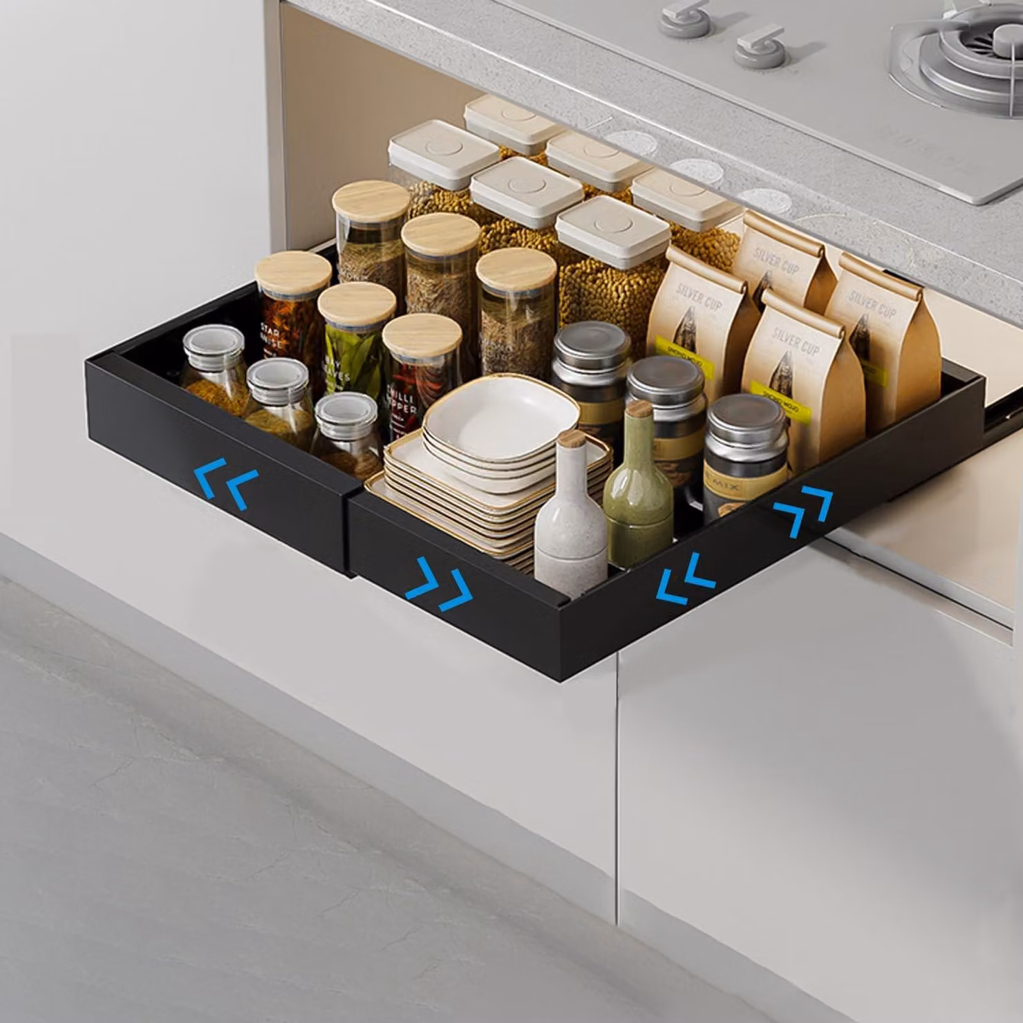 Omgoods - Organizer estraibile per pensile da cucina - Regolabile senza foratura, colore nero