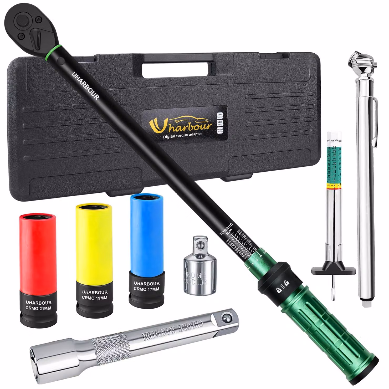 Chiave dinamometrica da 1/2", 20-230 Nm, set da 8 pezzi, con accessori per la manutenzione degli pneumatici