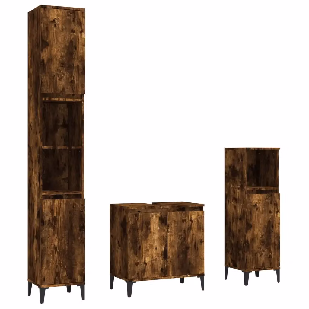 Set di mobili da bagno moderno vidaXL in legno e metallo color rovere marrone, composto da 3 pezzi con unità lavabo e armadio alto, montaggio a parete, L/P/H: 60 x 33 x 58 cm – 2