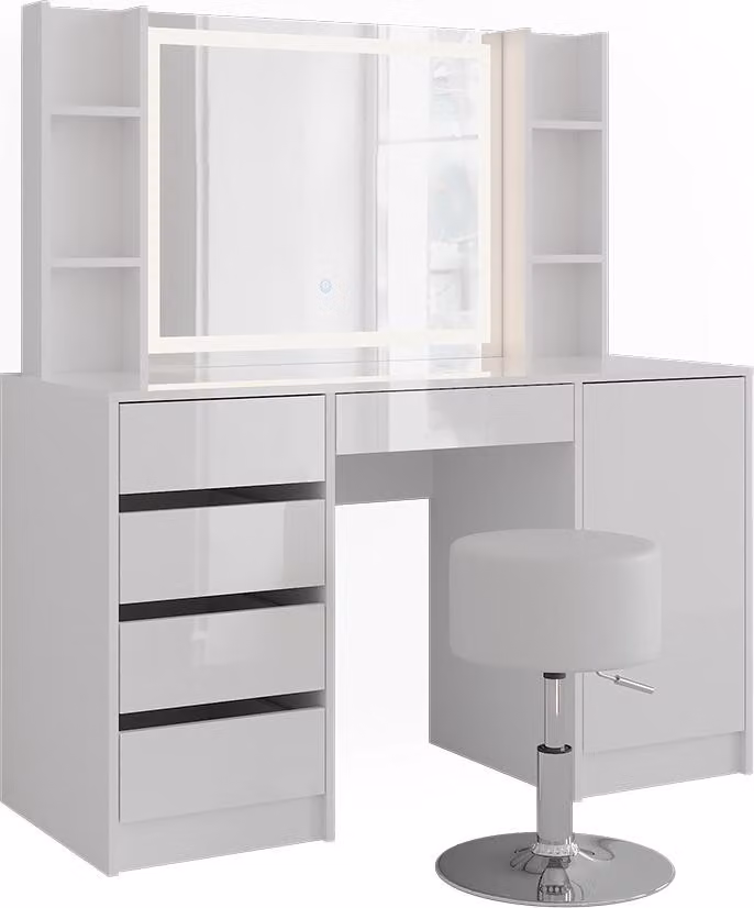 Tavolo da toeletta Vicco Sherry Bianco/Bianco lucido 128.2 cm con specchio LED e sgabello, Model 57644