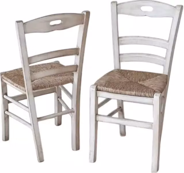 Set di 2 sedie in legno di faggio stile shabby chic bianco consumato con seduta in paglia Mobili 2G L/P/H: 43 x 46 x 89 cm