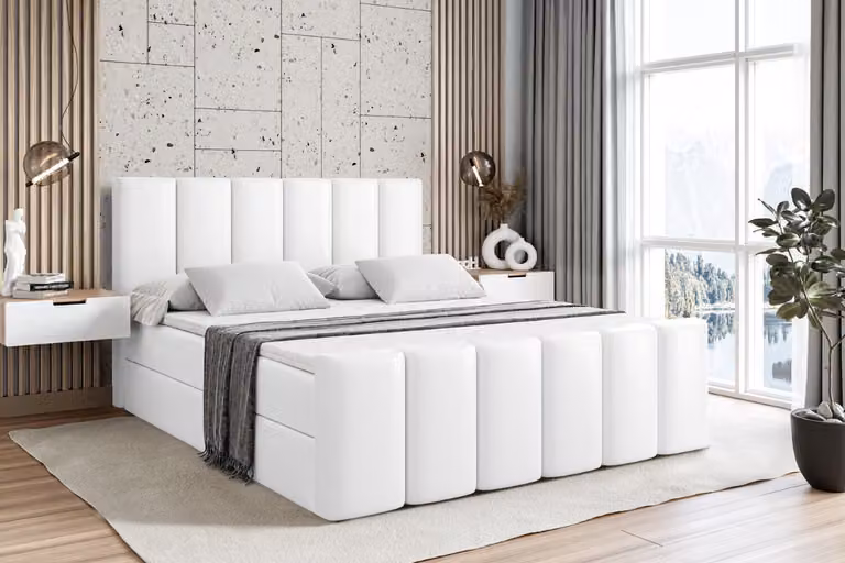 Letto boxspring ALTDECOR con pediera, materasso H4 e topper - 180x200 cm - BOXI1-Z - Pelle finta bianca - Letto imbottito con contenitore e rete a doghe, letto con spazio contenitivo