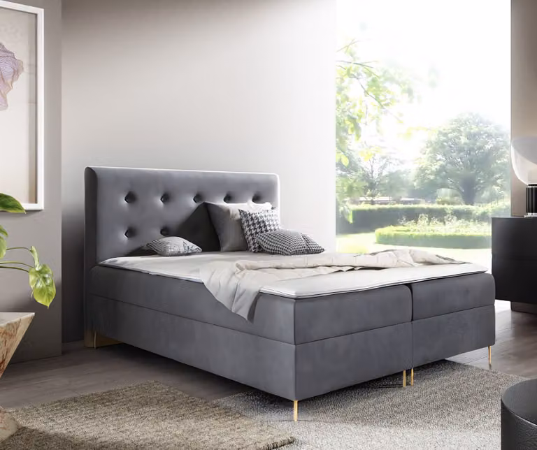 GUTTO Letto con materasso a molle LOUI 140 x 200cm 2x Contenitore TOPPER 5cm Libero Grigio Velour Alto Gambe Dorate