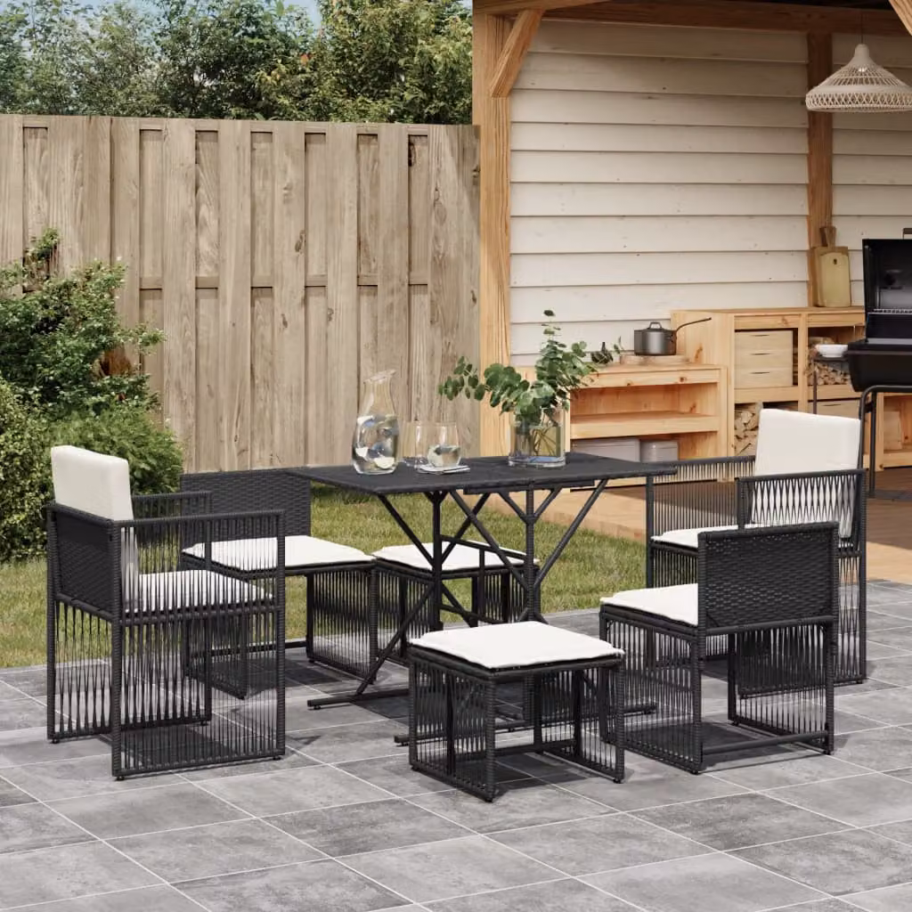 Set da pranzo da giardino vidaXL in polyrattan nero con 7 pezzi e cuscini