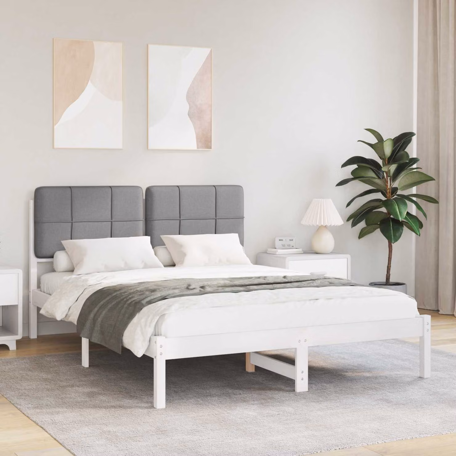 Letto con Testiera Rivestita vidaXL in Legno di Pino e Tessuto Grigio L: 140,5 cm, P: 195,5 cm, H: 84,5 cm – 1