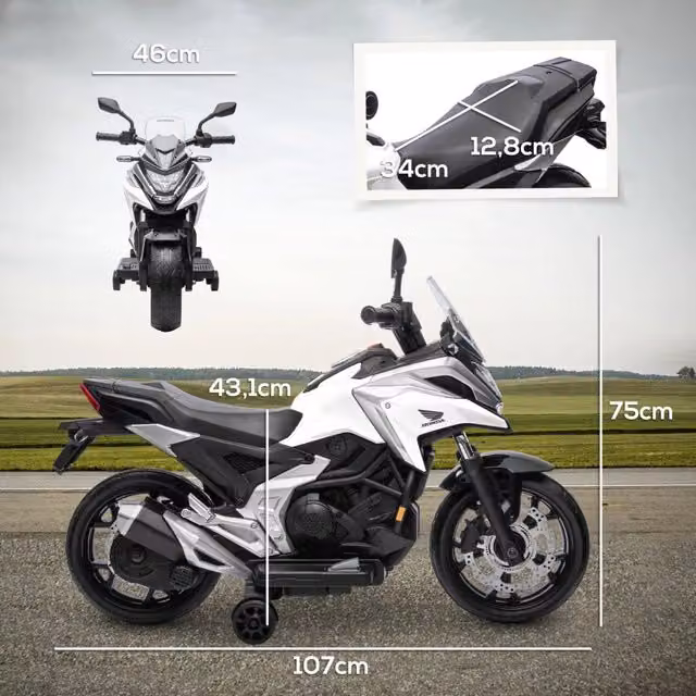 Moto elettrica cavalcabile per bambini 3-6 anni 107 x 46 x 75 cm avviamento facile rotelle di supporto design moderno ed essenziale in PP bianco 21_0000570