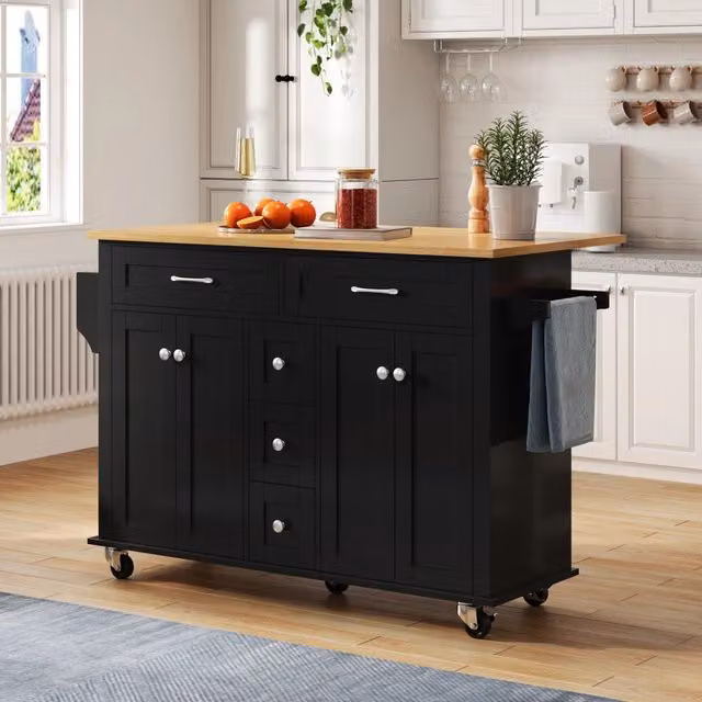 Carrello da cucina con piano ribaltabile, 5 cassetti, 2 armadietti, portaspezie e portasciugamani, in MDF, nero naturale