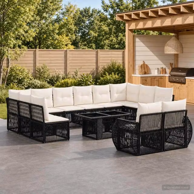 Set Divano da Giardino a Forma a U vidaXL in Polyrattan con Tavolino e Cuscini, Nero e Bianco