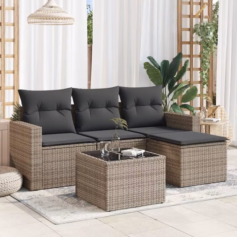 vidaXL Set Divano da Giardino 5 pz a L in Polyrattan Grigio con Cuscini e Tavolino