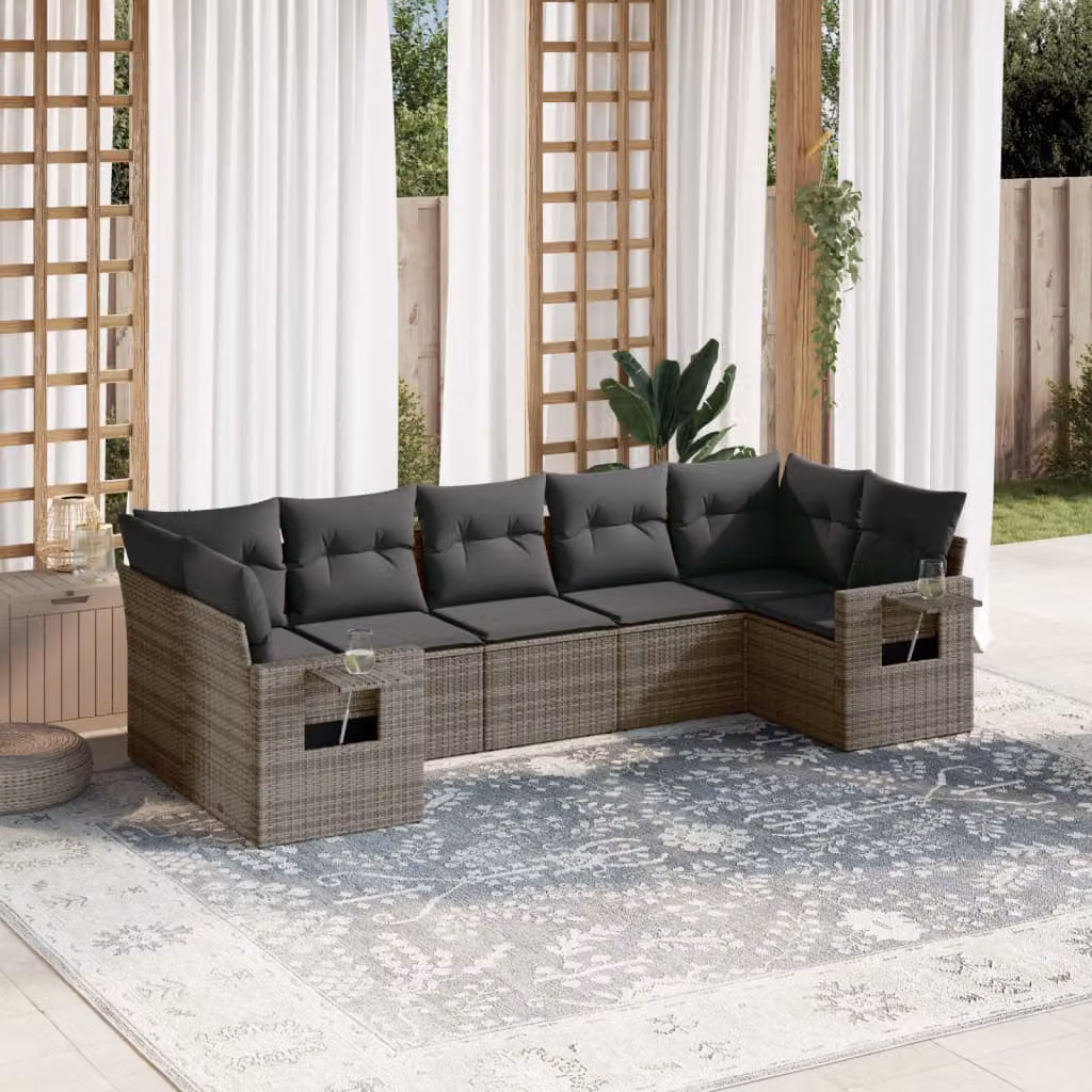 vidaXL Set Divani da Giardino 7 pz in Polyrattan Grigio con Cuscini e Tavolino – 1