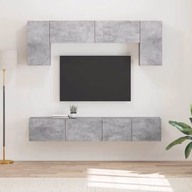 Set mobile TV moderno da 4 pezzi in legno multistrato grigio cemento con scomparti multimediali per il tuo soggiorno