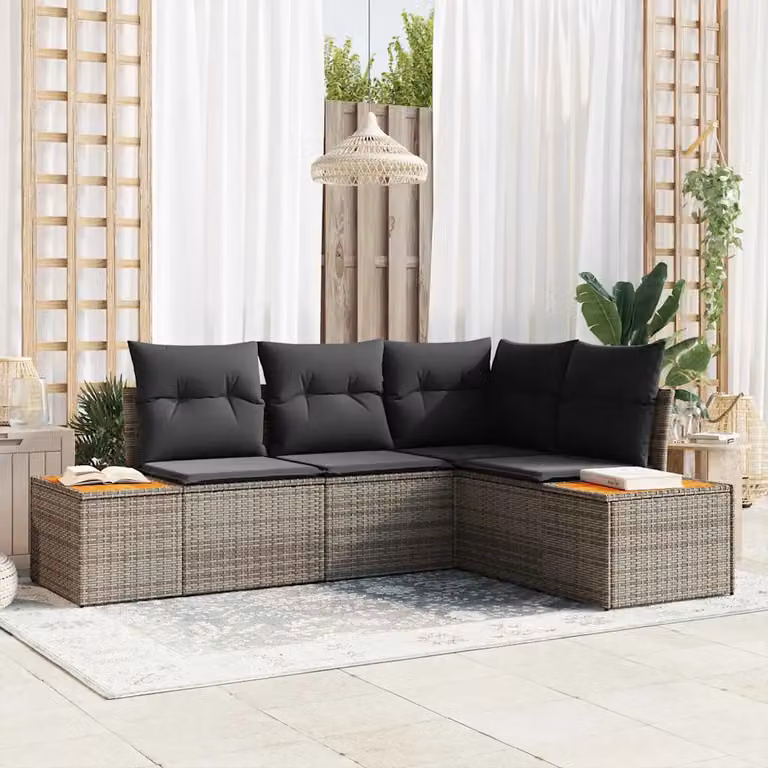 vidaXL Set Divano da Giardino a L con Tavolino e Cuscini Grigio, 4 Posti, Struttura in Metallo e Polyrattan
