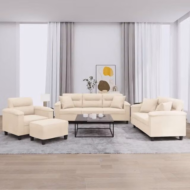 Set di Divani Moderno vidaXL in Microfibra Beige composto da Divano a 3 Posti, Divano a 2 Posti, Pouf e Cuscini