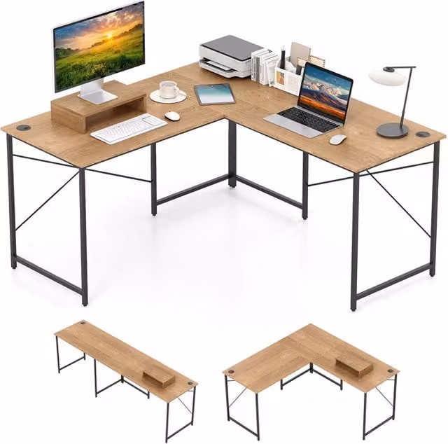 Scrivania computer L 240 cm angolare convertibile supporto monitor, Tavolo ufficio 2 persone metallo robusto lavoro gioco Naturale