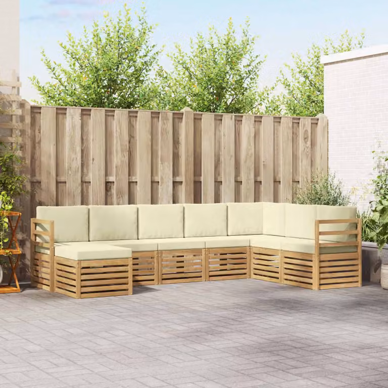 vidaXL Set di divani da esterno a L composto da 8 pezzi in legno di acacia con cuscini bianchi e beige