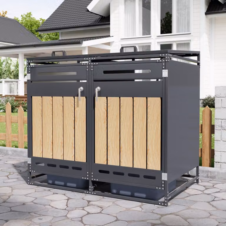 Merax: box per bidoni della spazzatura con coperchio idraulico, rivestimento per bidoni della spazzatura a 2 scomparti, effetto legno verticale, ventilazione, armadio in metallo antiruggine, nero