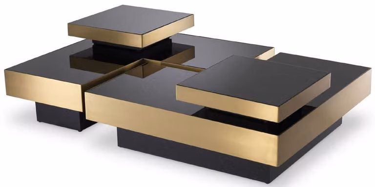 Set di tavolini Casa Padrino colori ottone / nero - 2 tavolini da salotto a L con 2 vassoi quadrati - Mobili Soggiorno - Collezione Lusso