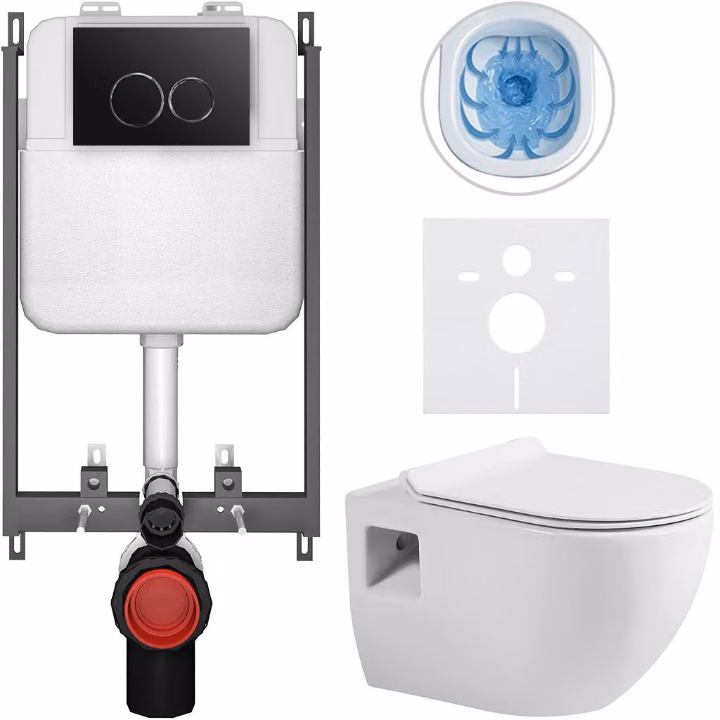 Set completo per WC a pavimento Dure - bianco lucido - pulsante Prime/Duoalo, nero - da incasso - 51x35 cm