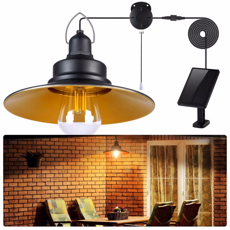 Lampada a sospensione solare con interruttore a tirante, attacco E27, grado di protezione IP65, 225 lumen, luce bianco caldo