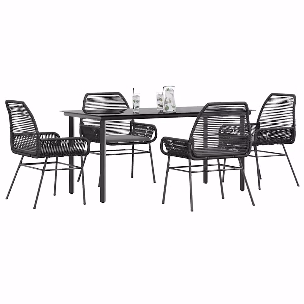 Set da pranzo da giardino vidaXL in polyrattan con tavolo in vetro e 5 cuscini, grigio e nero