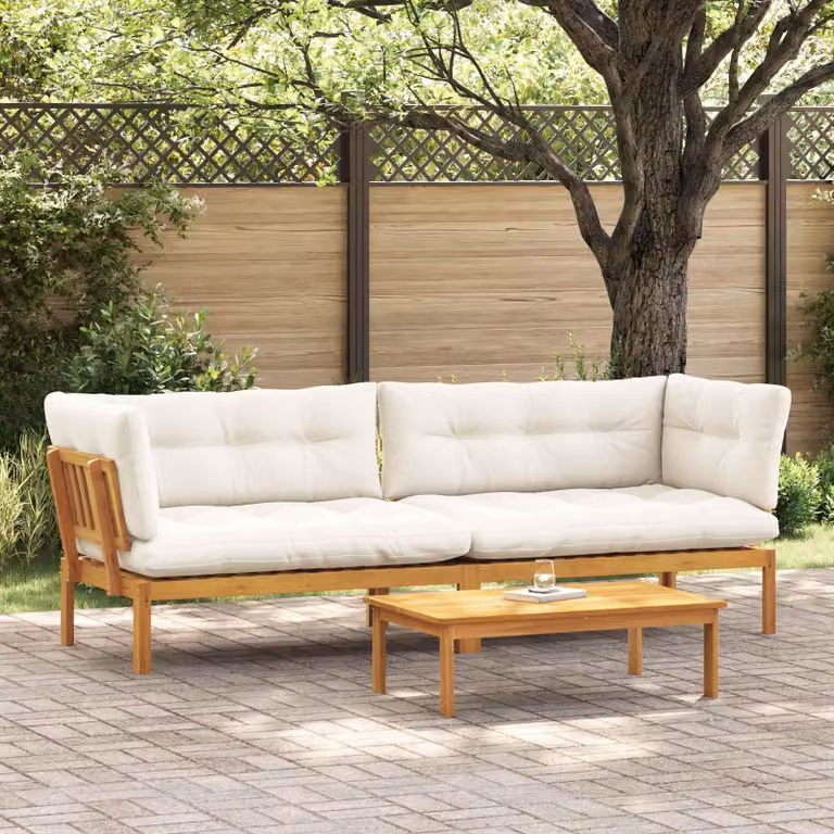 Set di divano da giardino a L vidaXL in legno di acacia con cuscini bianchi e marroni