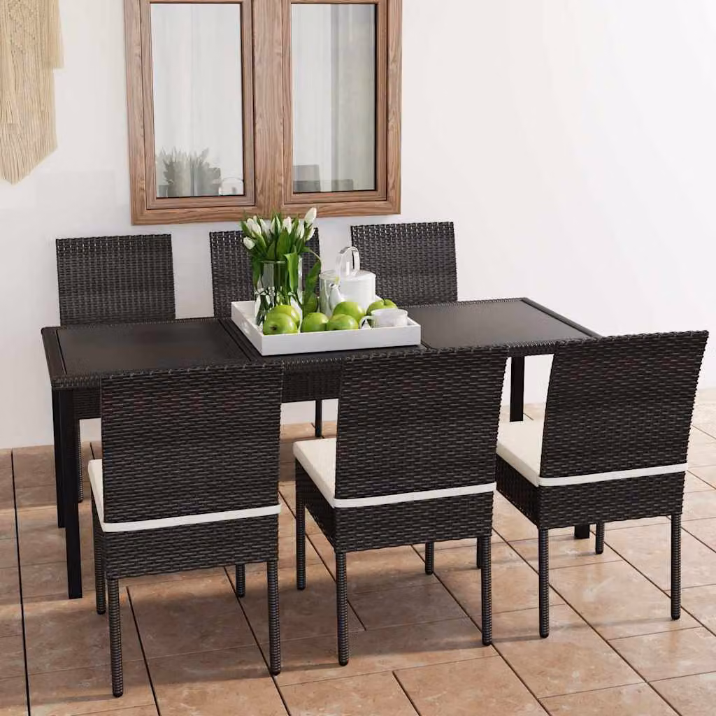 Set da pranzo da giardino vidaXL in 7 pezzi in polyrattan nero e beige con piano in vetro – 1