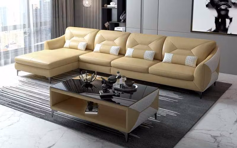 Eckgarnitur Ledersofa Ecksofa L-Form Liege Couch Sofa Beige Luxus
