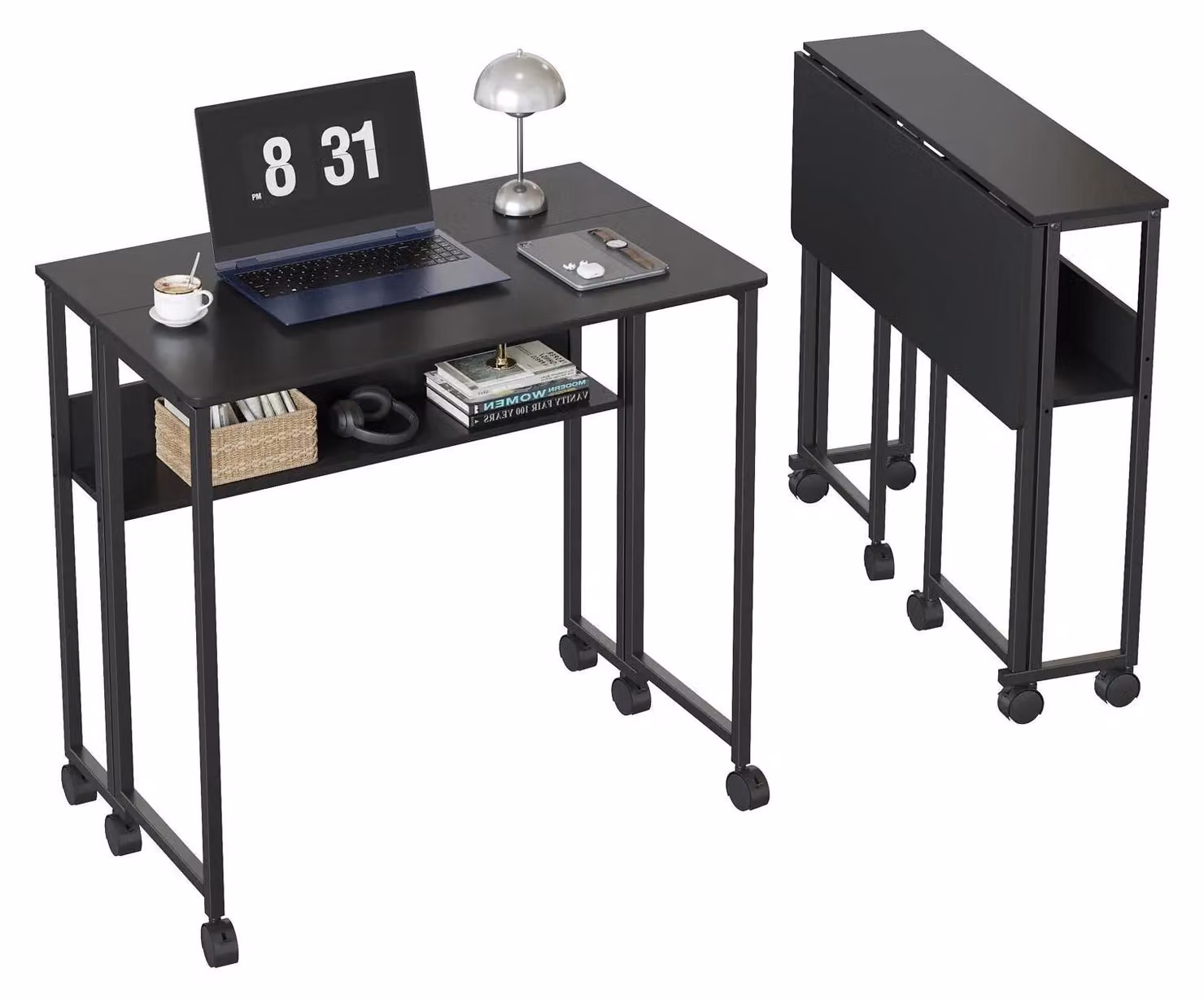 Tavolo pieghevole salvaspazio - Scrivania per computer e laptop - Con rotelle - Con spazio contenitivo - Piano rettangolare di 63 cm - Struttura in metallo - Colore nero