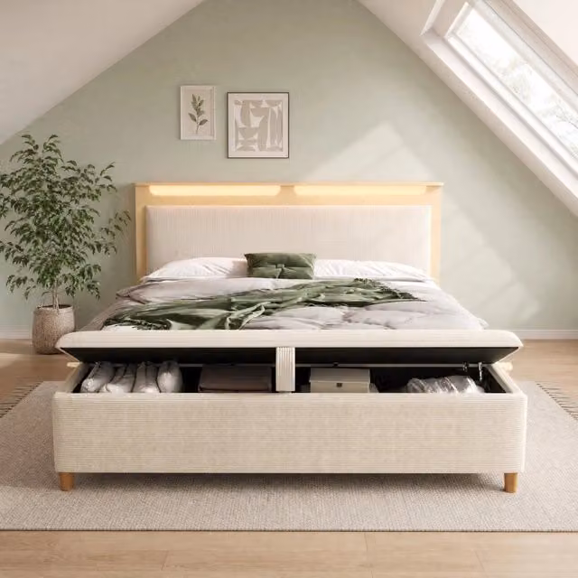 Letto REDOM in legno e tessuto corduroy beige con illuminazione LED e contenitore a sollevamento L/P/H: 160 x 200 x 253 cm
