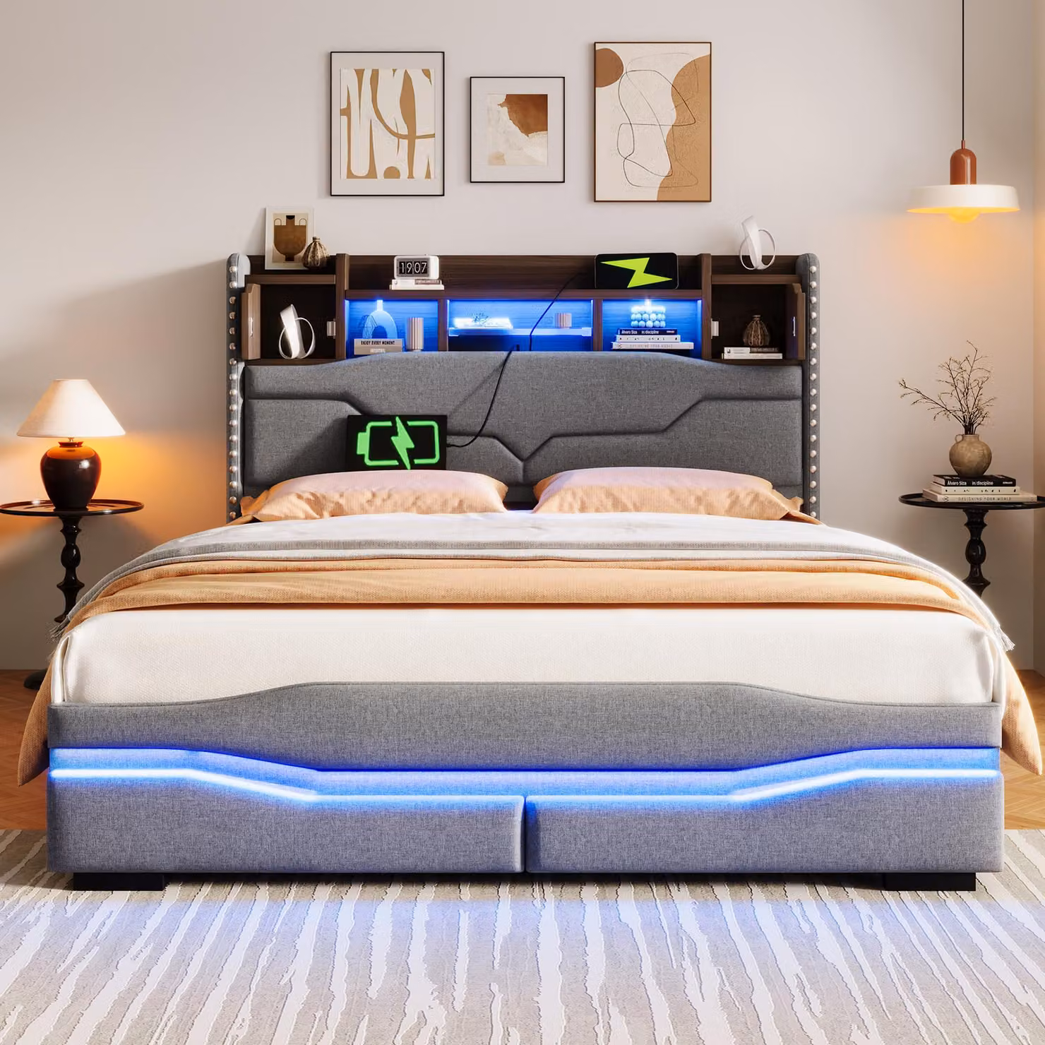 okwish Letto imbottito 140×200, letto per ragazzi con cassetto USB e striscia LED remota, senza materasso con contenitore e testata, grigio
