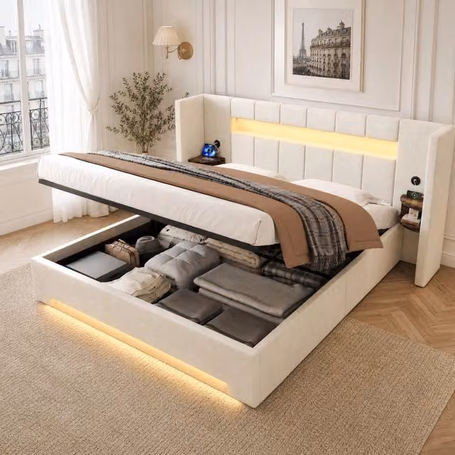 Letto contenitore in velluto 180x200 cm con LED; USB e testiera ampia; beige