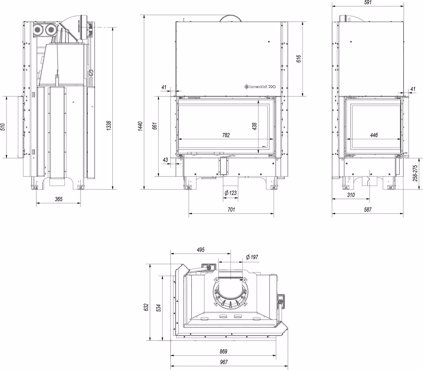 Inserto camino in acciaio KRATKI MBO sinistro 15 kW Ø 200 con porta scorrevole rivestimento nero