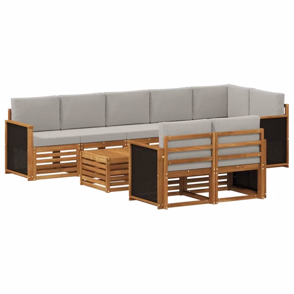 Set di divani da esterno a L vidaXL in legno di acacia con tavolo da caffè e cuscini, Marrone e Grigio – 2