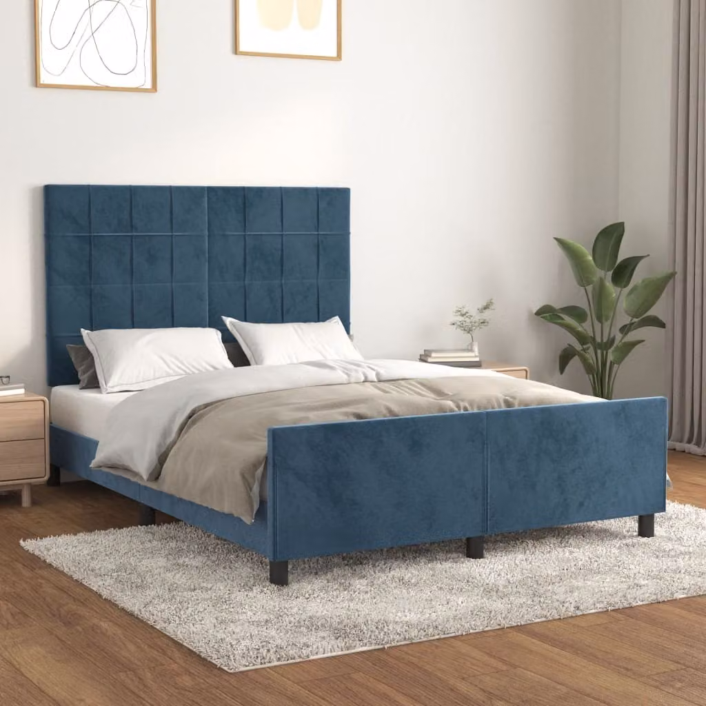 The Living Store Struttura letto con testiera in velluto blu scuro 140x200 cm