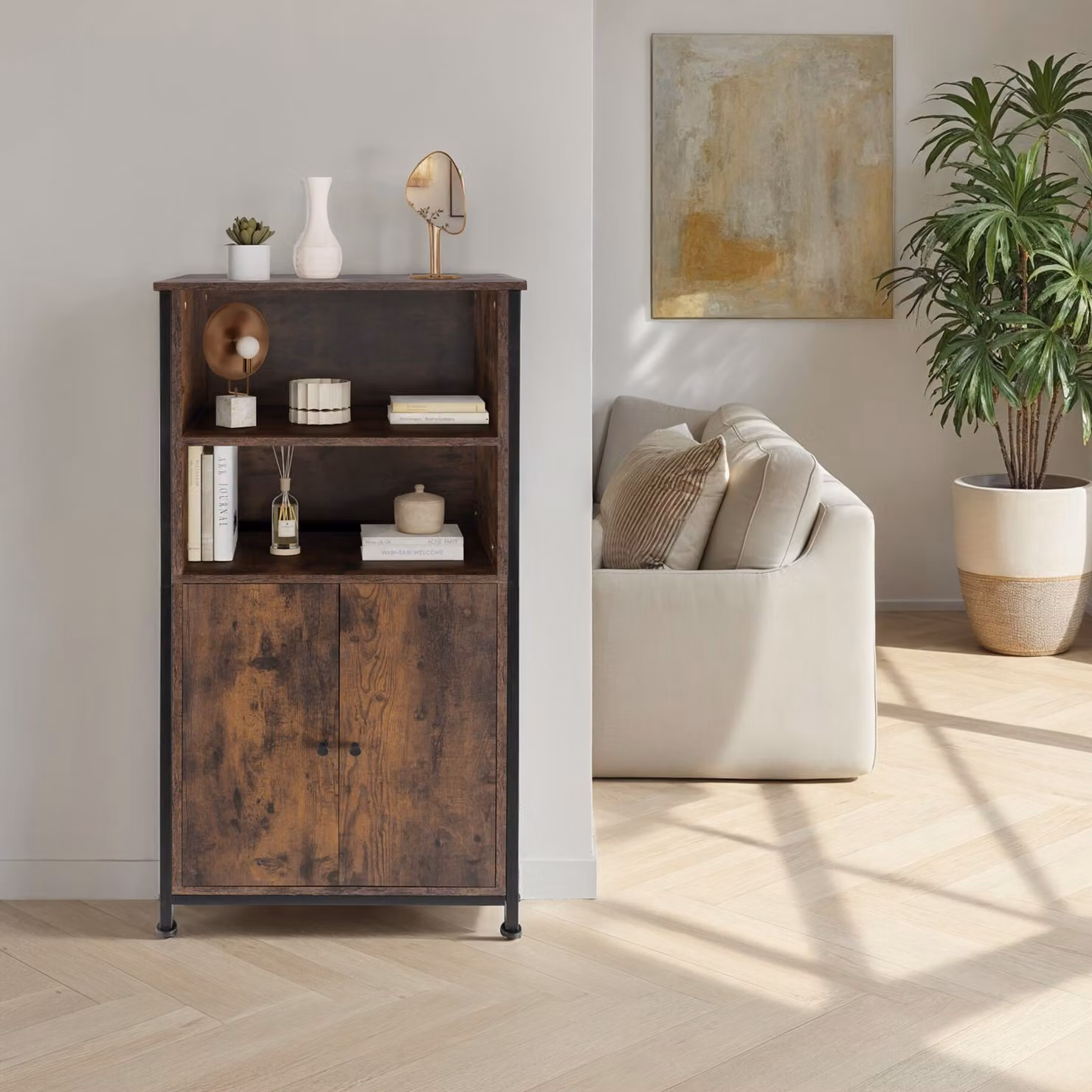 Credenza Doncaster tectake in stile industriale in legno e metallo marrone per soggiorno L: 125 cm, H: 60 cm, P: 38 cm – 2