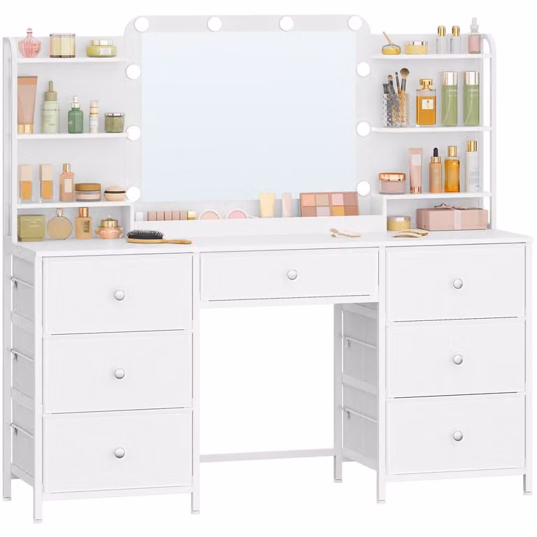 Comò da trucco con illuminazione a LED, specchio HD, 7 cassetti, 6 scomparti, bianco, 150 cm