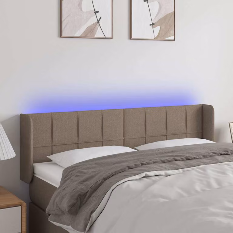 Testiera per letto vidaXL in tessuto tortora con illuminazione LED e porta di ricarica USB, L: 147 cm, P: 16 cm, H: 78-88 cm