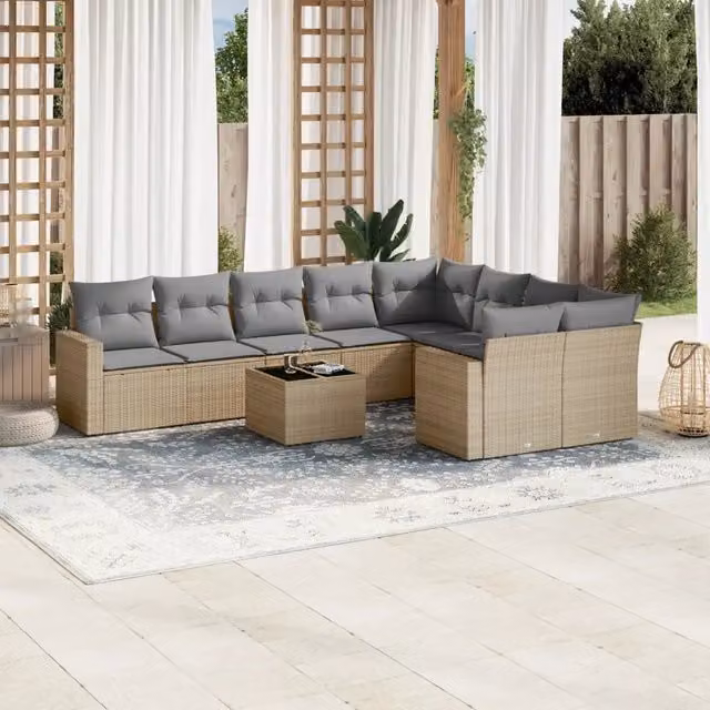 vidaXL Set Divano da Giardino 10 pz a Forma a L in Polyrattan con Cuscini Beige e Grigio